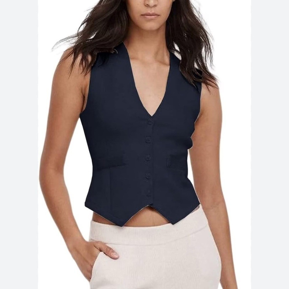 NWT‎ JYDress Women's Navy Herringbone Vest Button Down Sleeveless Size Sm
